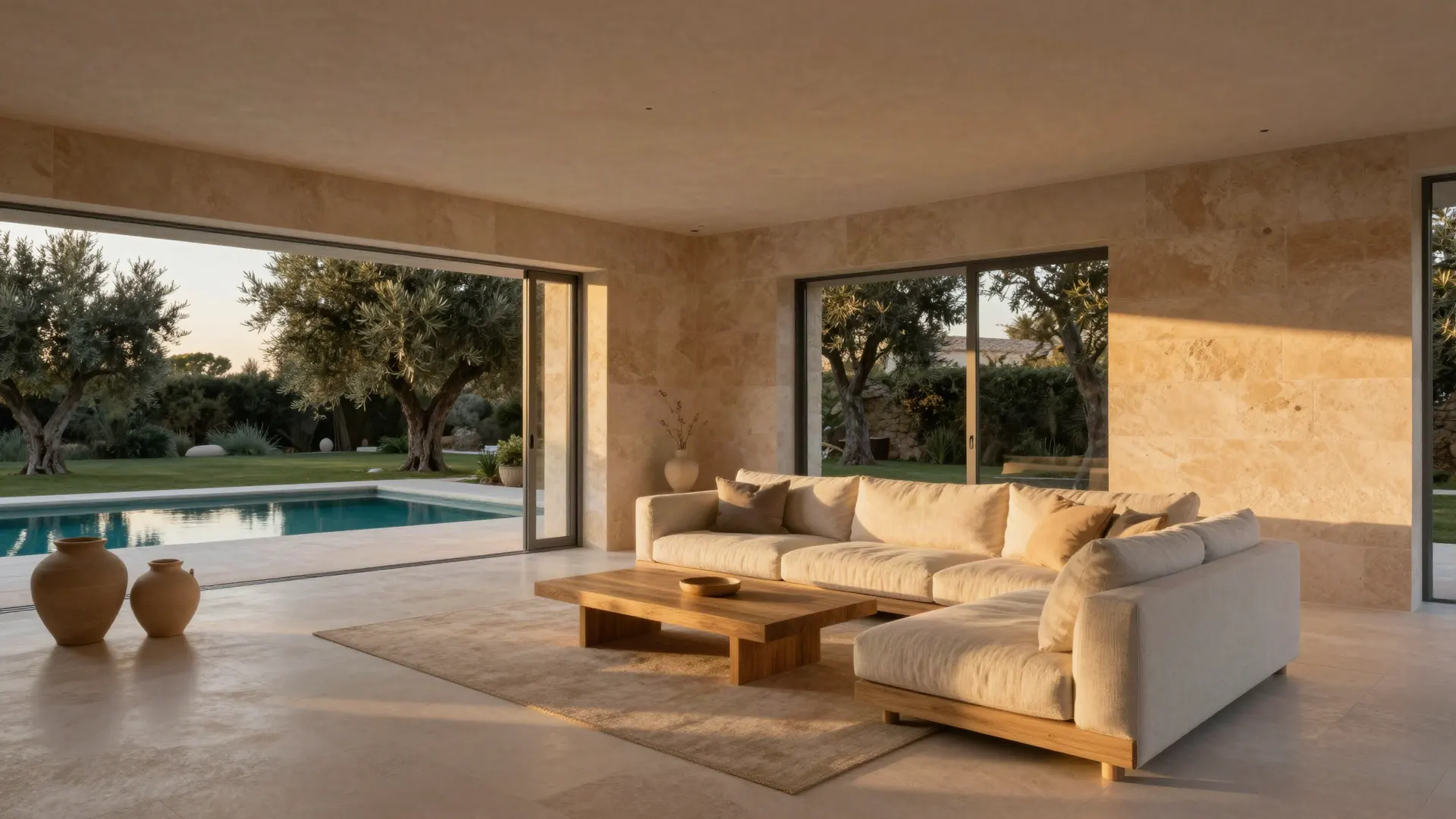 Salon d’une villa méditerranéenne aux murs de travertin, ouvert sur une piscine et des oliviers au coucher du soleil